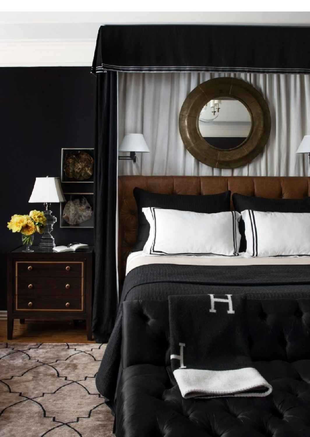 Benjamin Moore Deep Caviar painted black bedroom walls in a luxurious custom design by Marie Flanigan Interiors. #bmdeepcaviar #deepcaviar #blackpaintcolor