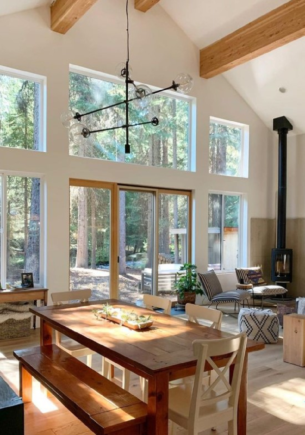 Simply White (BM) on walls in a great room with high ceilings - @ourcreeksidecabin. #simplywhite #whitepaintcolors