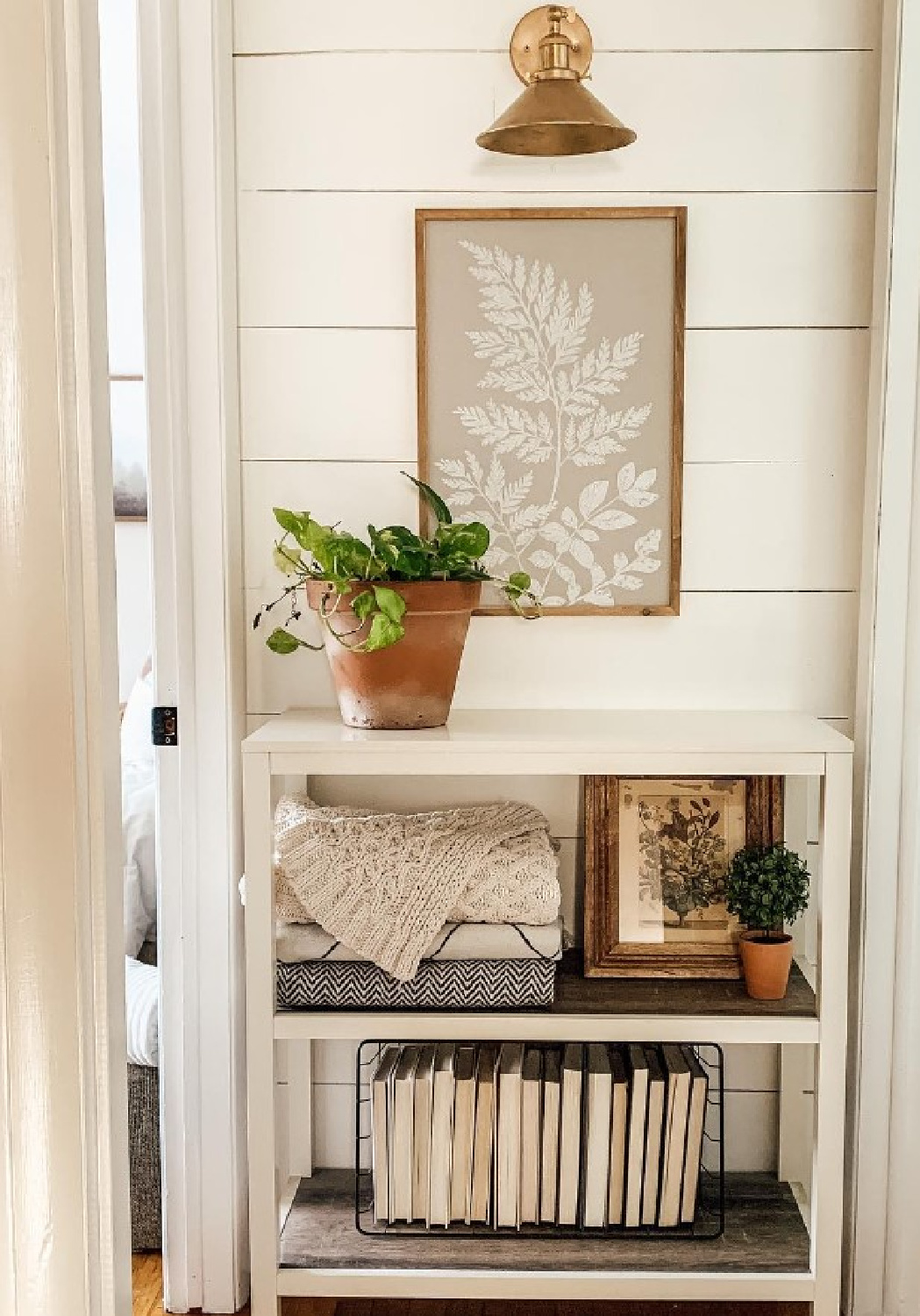 BM Simply white on shiplap in a hall - @updatemycape. #bmsimplywhite