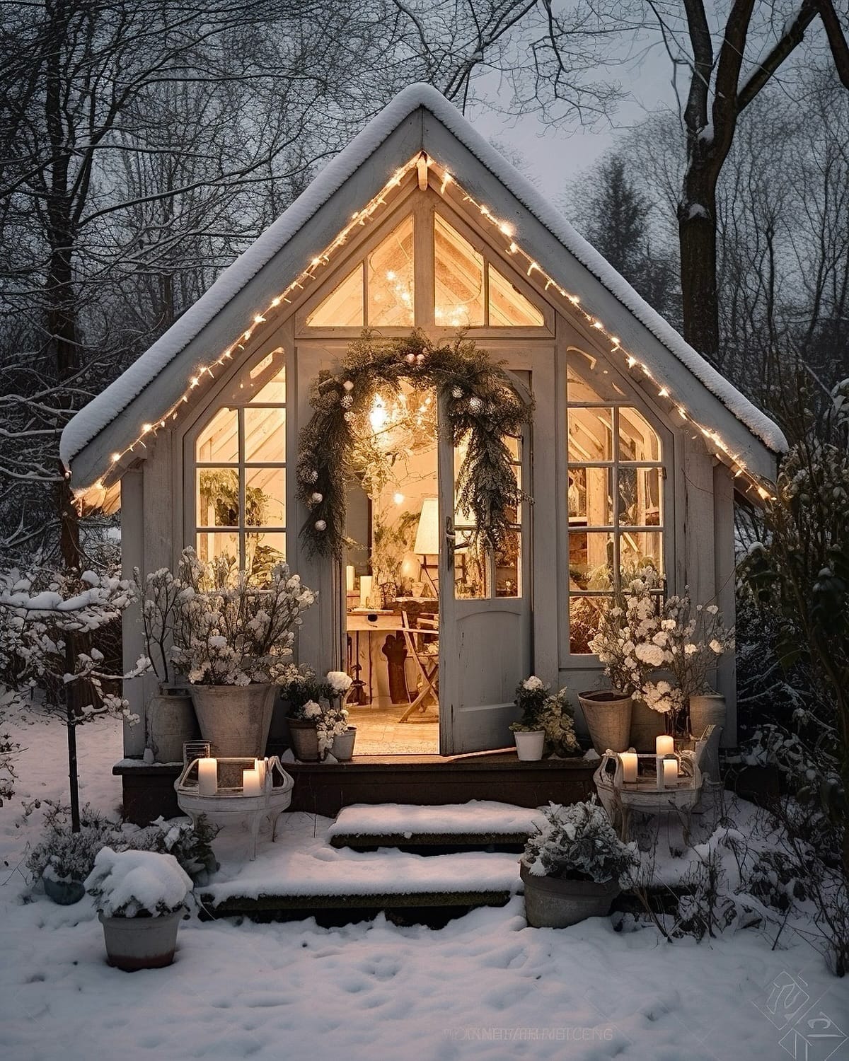 AI designed Christmas decorated cozy cottage in the woods glowing from the many windows - via MERRY CHRISTMAS. #aidesign #christmascottage #cozywinter