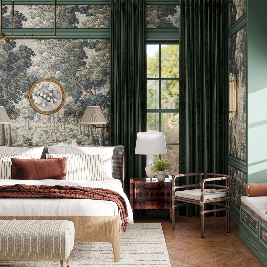 High end classic bedroom with scenic wall mural with green - Marie Flanigan Interiors.