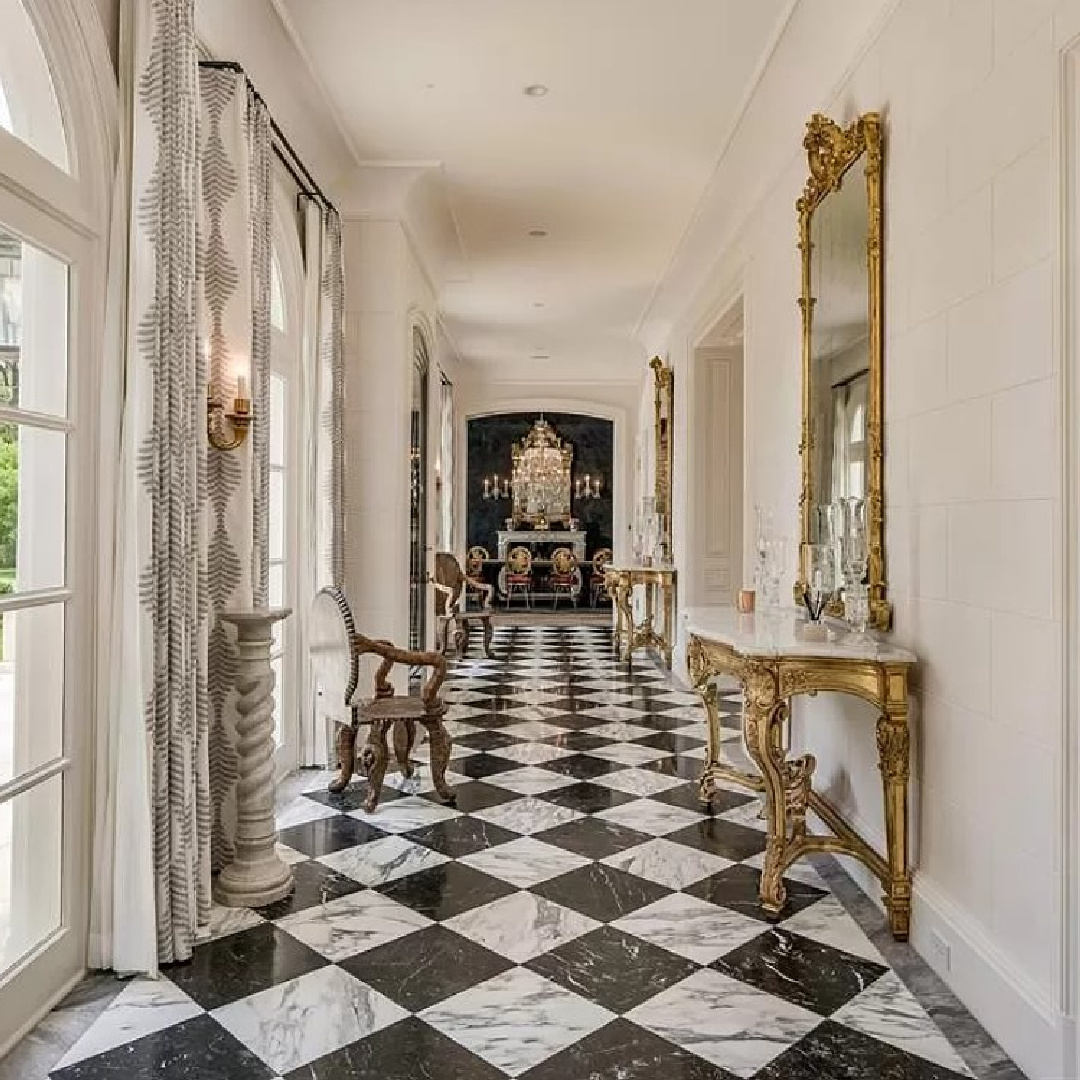 Checkered in floors in chateauesque French inspired Houston home (Willowick) with fantasy interiors. #fantasyhometour #luxuryhomes