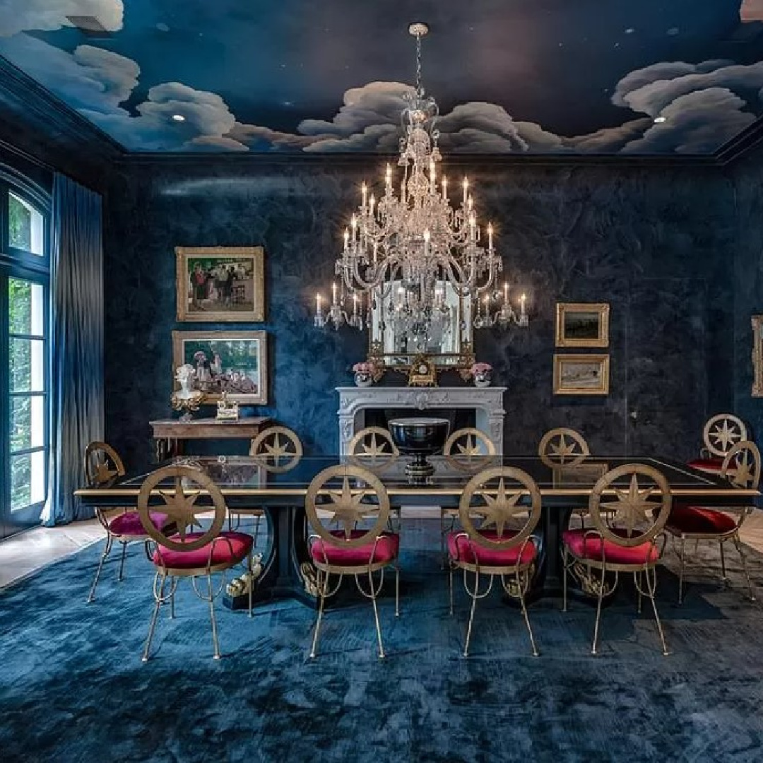 Bold blue dining room in chateauesque French inspired Houston home (Willowick) with fantasy interiors. #fantasyhometour #luxuryhomes
