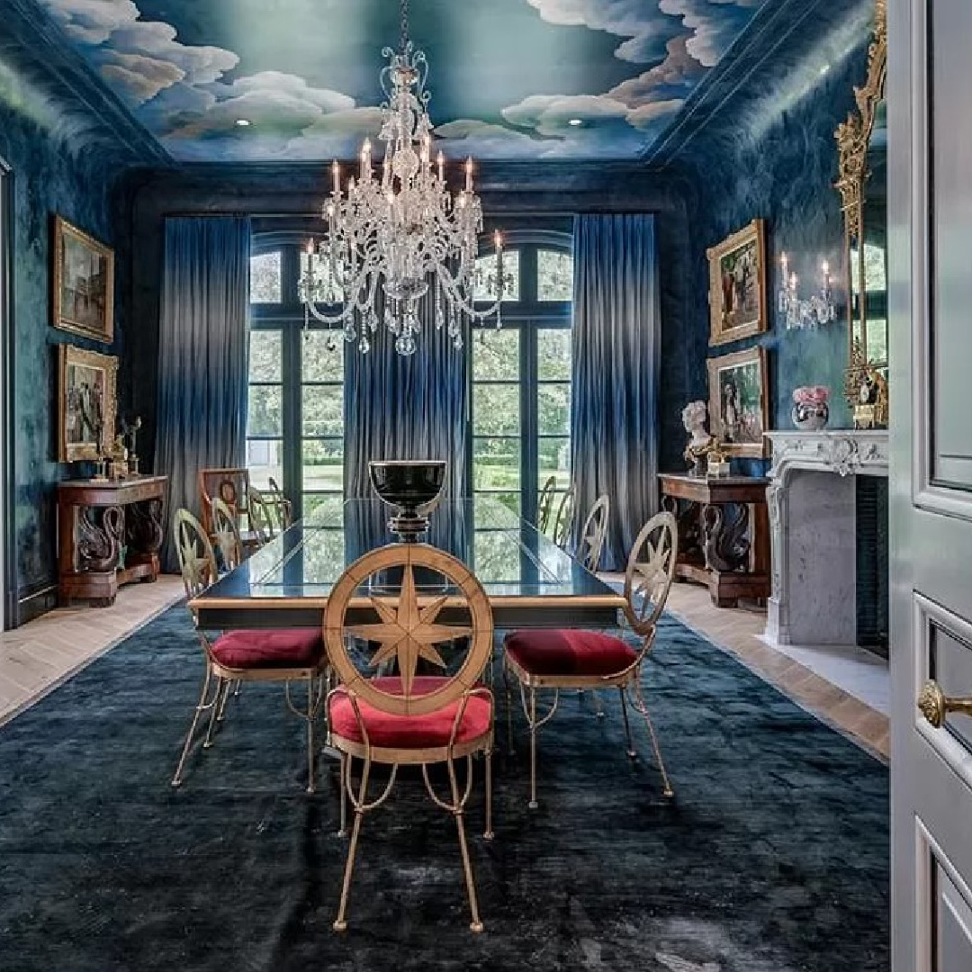 Bold blue dining room with painted ceiling in chateauesque French inspired Houston home (Willowick) with fantasy interiors. #fantasyhometour #luxuryhomes