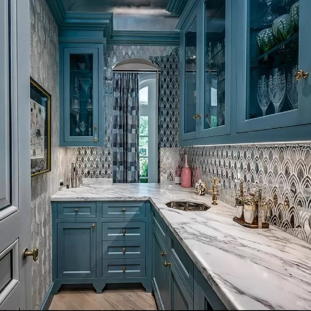 Beautiful pantry with blue cabinetry in Chateauesque French inspired Houston home (Willowick) with fantasy interiors. #fantasyhometour #luxuryhomes