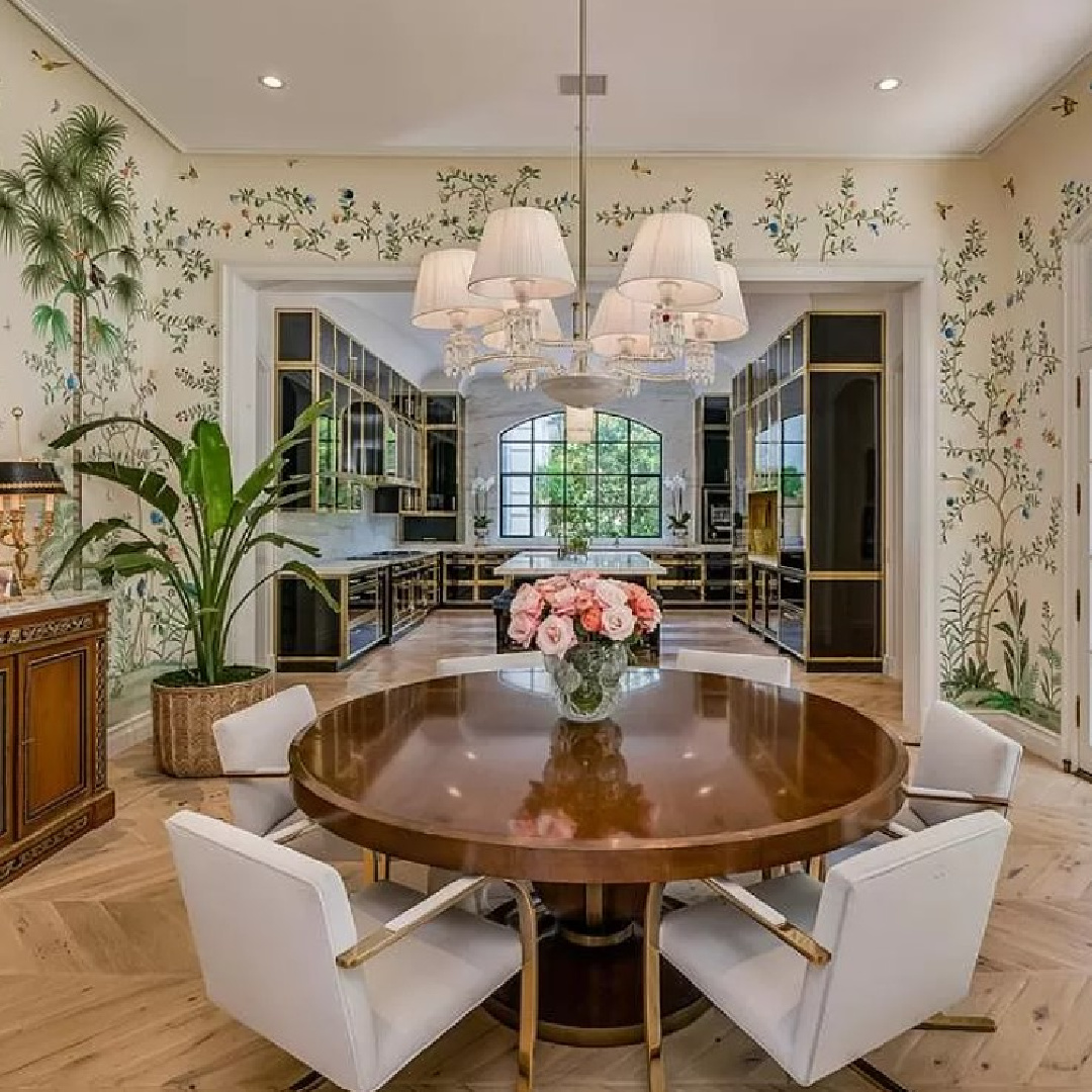 Breathtaking mural in breakfast room near kitchen with Parisian cabinets, brass, herringbone floors in Chateauesque French inspired Houston home (Willowick) with fantasy interiors. #fantasyhometour #luxuryhomes