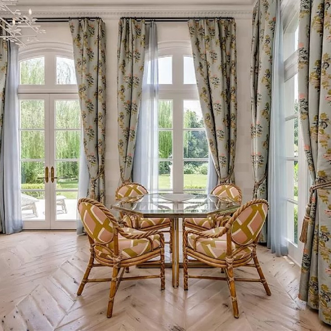 Lovely dining area of a room with beautiful views in a Houston chateau.