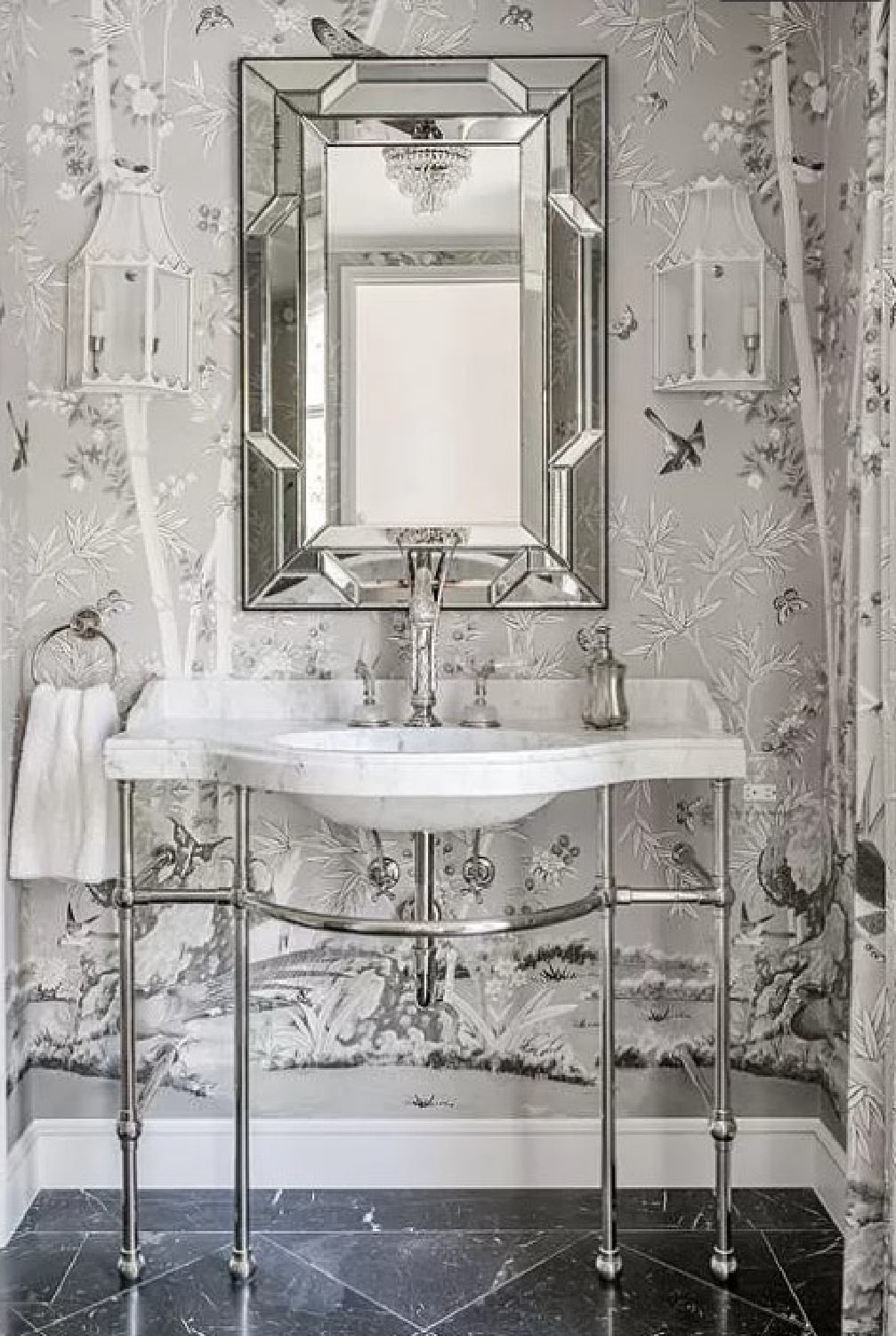 Grisaille wallpaper in a luxurious bath within a Houston chateau.