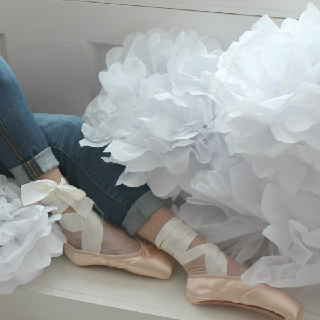 Michele in pointe shoes with tissue poufs - Hello Lovely Studio. #hellolovelystudio #hellolovelychristmas #pointeshoes #sugarplumfairies