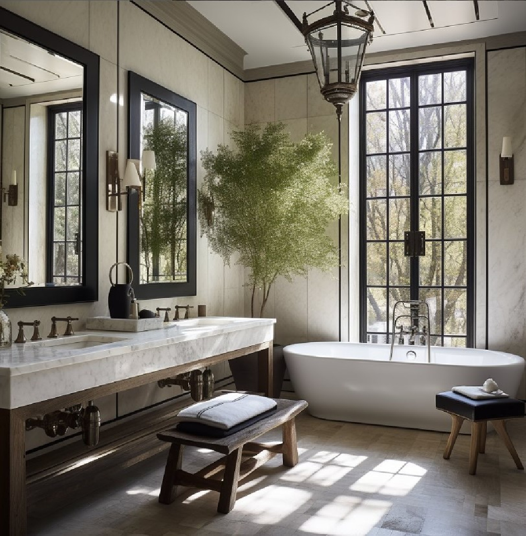 AI designed European country luxe style bathroom by Caldwell and Castello. Marble vanity, soaking tub, black French doors, and stone floor impart Old World timeless style. #aikitchen #aidesign #timelessdesign
