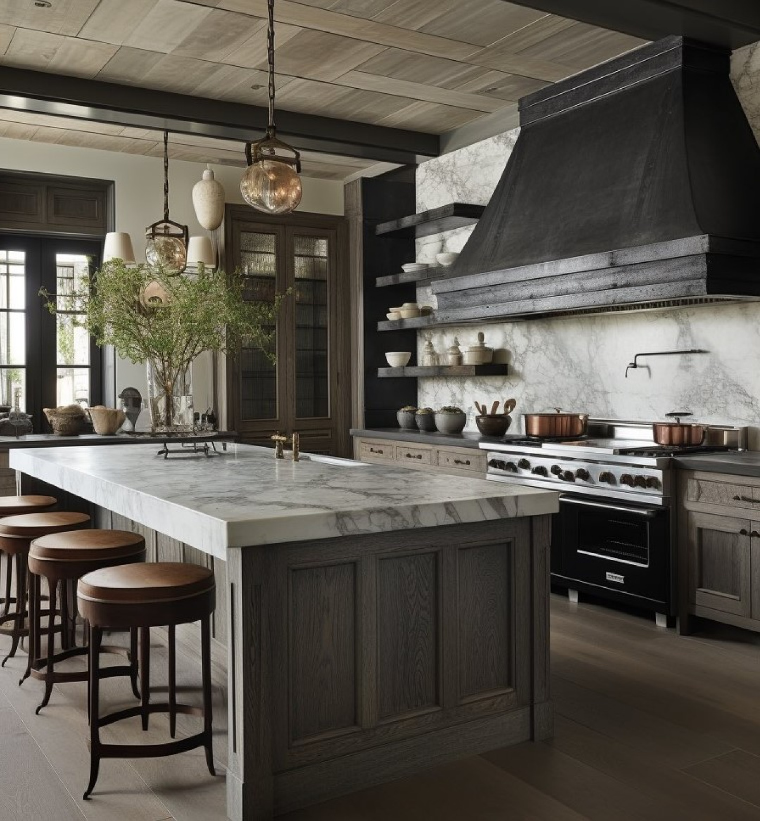 AI designed timeless European rustic kitchen with masculine feel, moody dark colors, marble range wall, and massive range hood - Caldwell and Castello. #aidesign #aikitchen #europeancountrykitchen #timelesskitchens