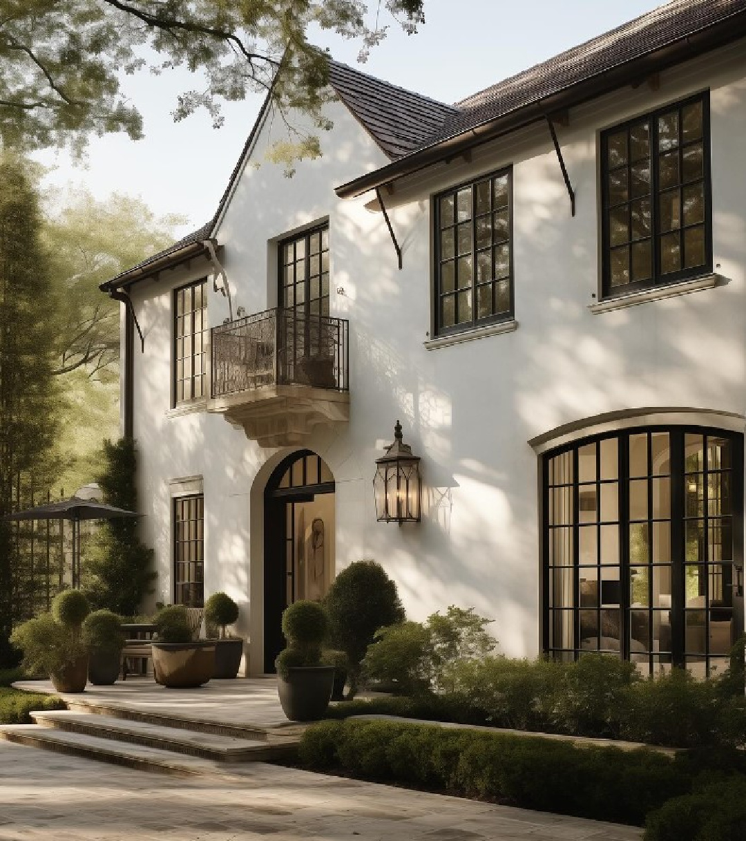 Luxurious Old World style and Parisian glamor combine in an AI designed house exterior with beige stucco and black trim details - Caldwell and Castello. #oldworldstyle #aiarchitecture #aihouseexterior