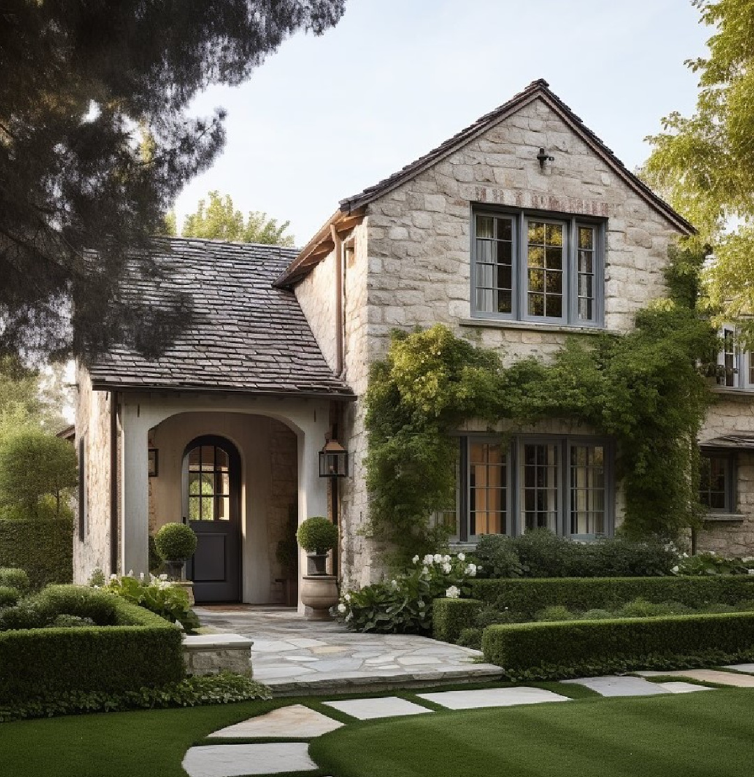 Storybook cottage with European country charm and stone - an AI designed house by Caldwell and Castello. #europeancountry #AIdesign #AIarchitecture #storybookcottage