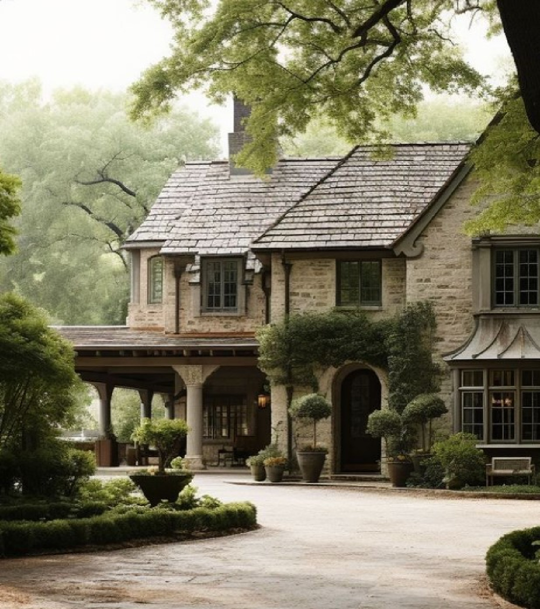 Elegant stone European country two story with arch details - an AI designed house by Caldwell and Castello. #europeancountry #AIdesign #AIarchitecture #frenchcountry