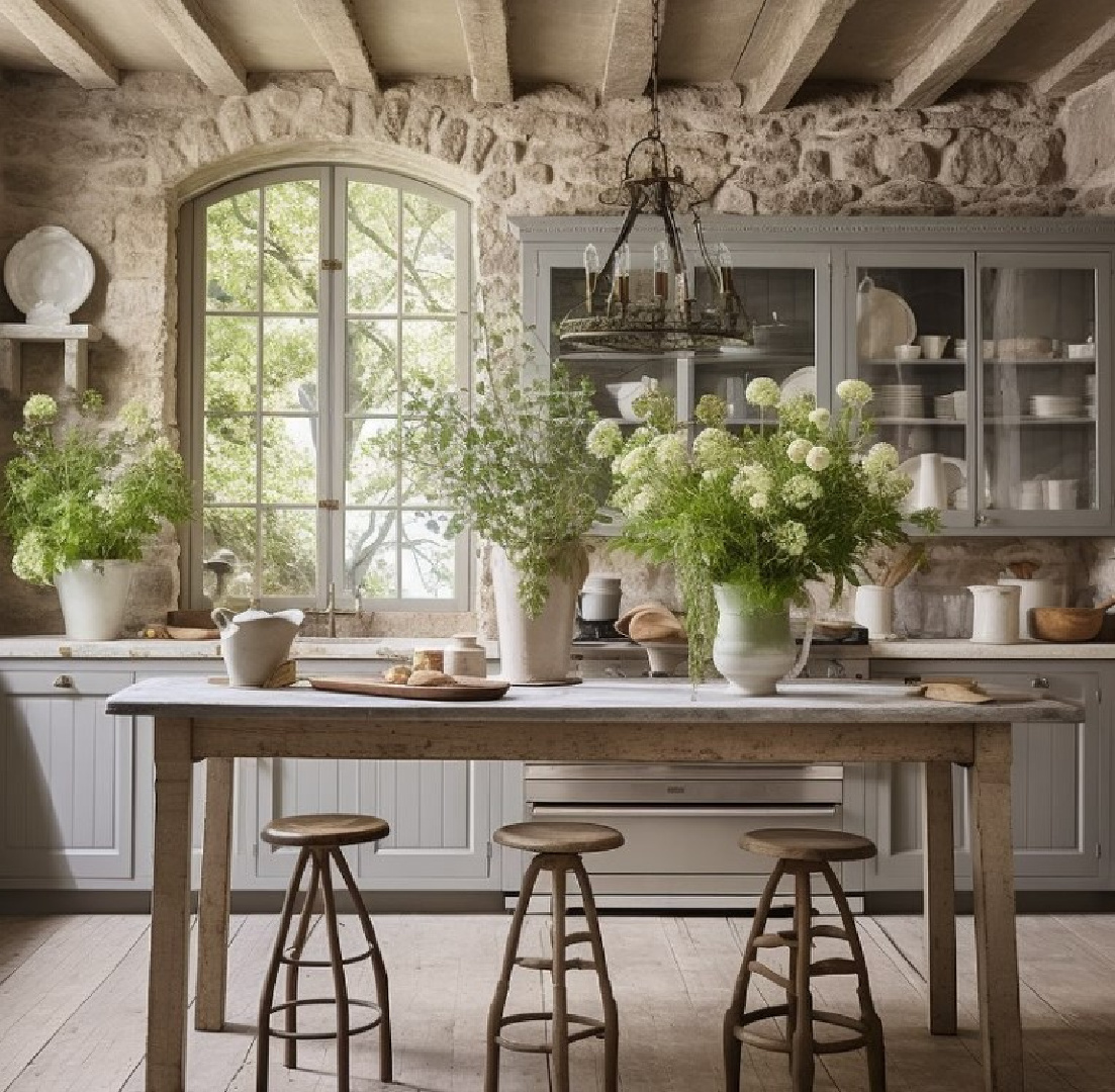 AI designed French country European style rustic kitchen by Caldwell and Castello. Grey cabinets, wood work table, stone on wall, rustic ceiling beams, and arched Old World windows. #aikitchen #aidesign