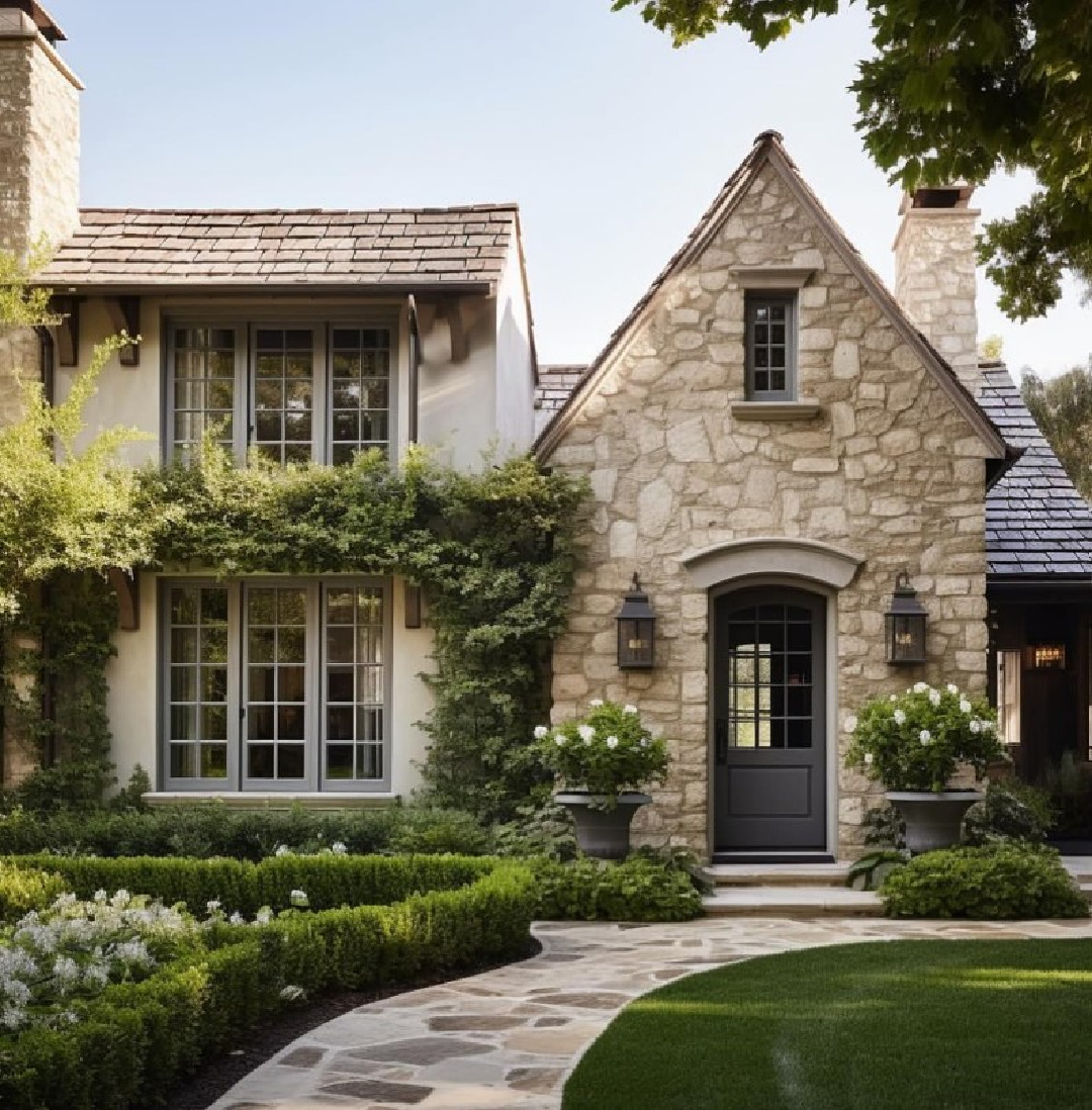 AI design of a beautiful storybook European cottage with stone and Tudor architecture - by Caldwell and Castello. #aiarchitecture #houseexteriors #residentialarchitecture #storybookcottage #europeancountrycottage