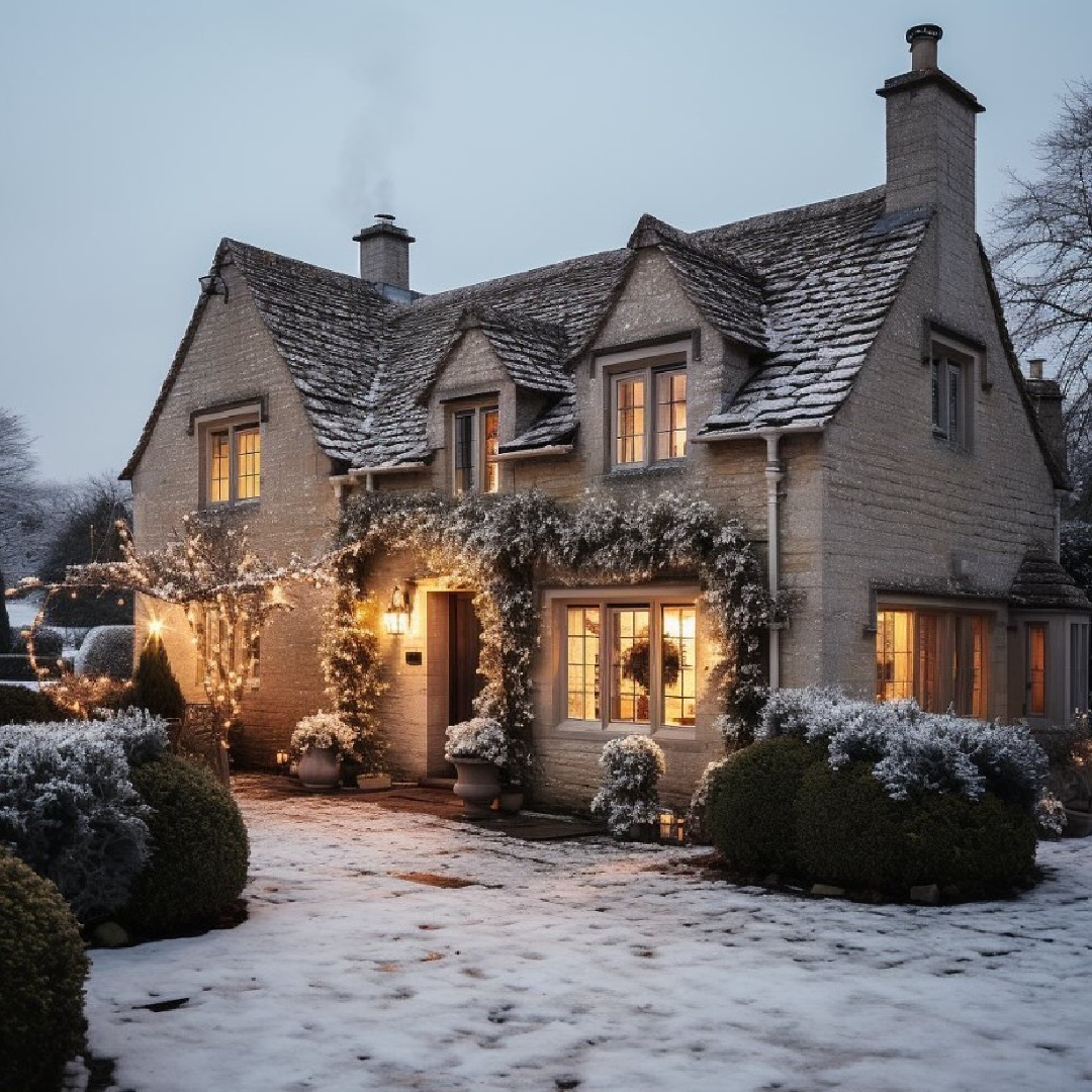 Cotswold cottage style and European country charming two story stone home with AI design by Caldwell and Castello. #AIdesign #AIarchitecture #cotswoldscottage #theholidaymovie