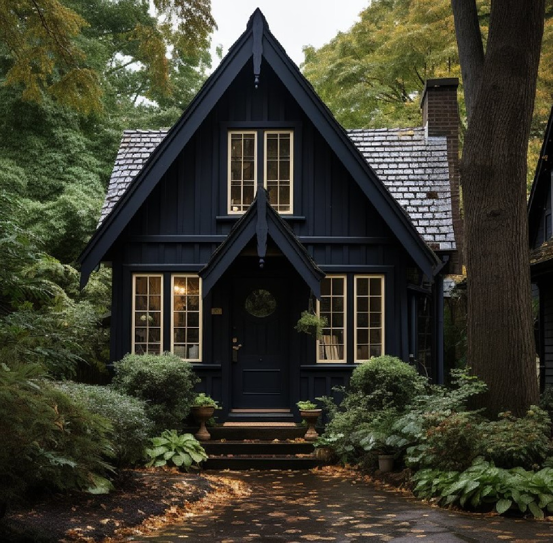 Cozy cabin in woods with dark siding and European inspired architecture - AI design by @caldwellandcastello. #aidesign #aiarchitecture #houseexteriors #cottagearchitecture