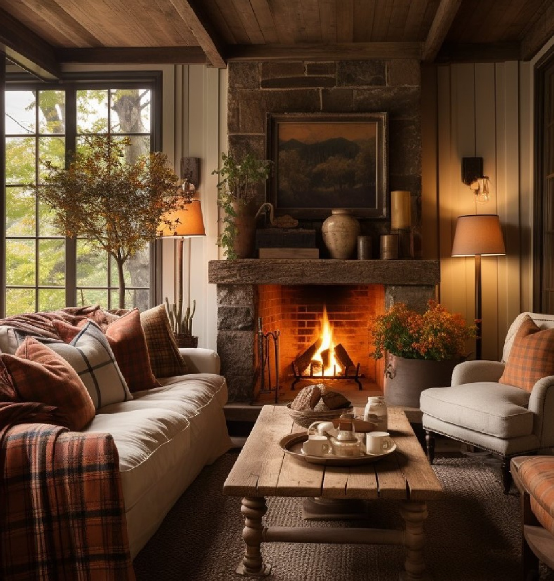 Warm cozy autumnal mood in an AI designed family room with fireplace - @caldwellandcastello. #aidesign #aiinteriors