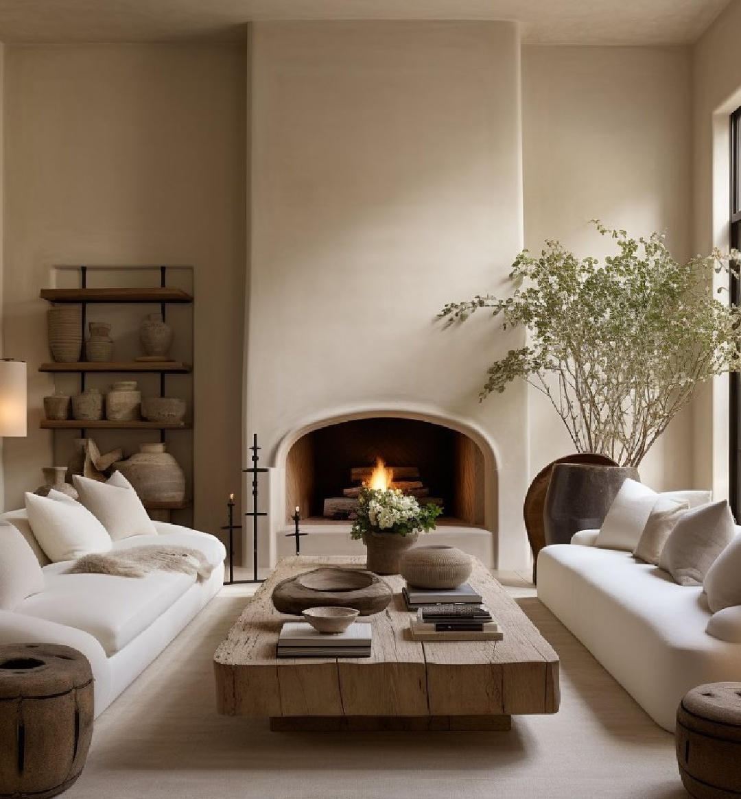 @caldwellandcastello AI designed warm modern living room with fireplace pale color story. #warmmodern #aidesign