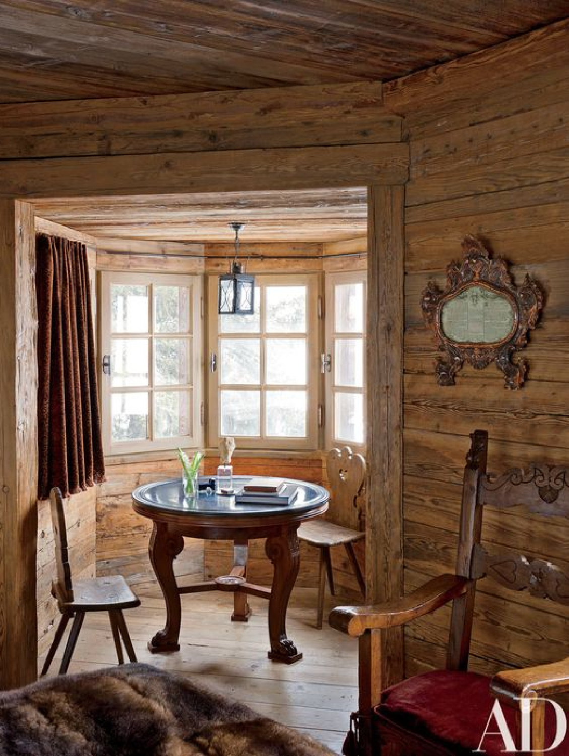 Studio Peregalli designed interior in a rustic Swiss Alps home in Architectural Digest. #europeancottage #warmcozyinteriors #rusticelegance #europeancountry