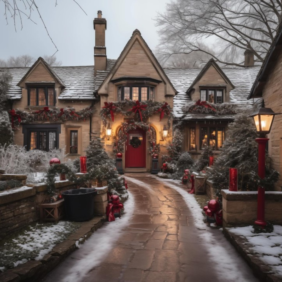 Caldwell and Castello AI designed European Tudor style cottage home decorated for holidays. #aidesign #homeexteriors #europeanarchitecture #oldworldstyle