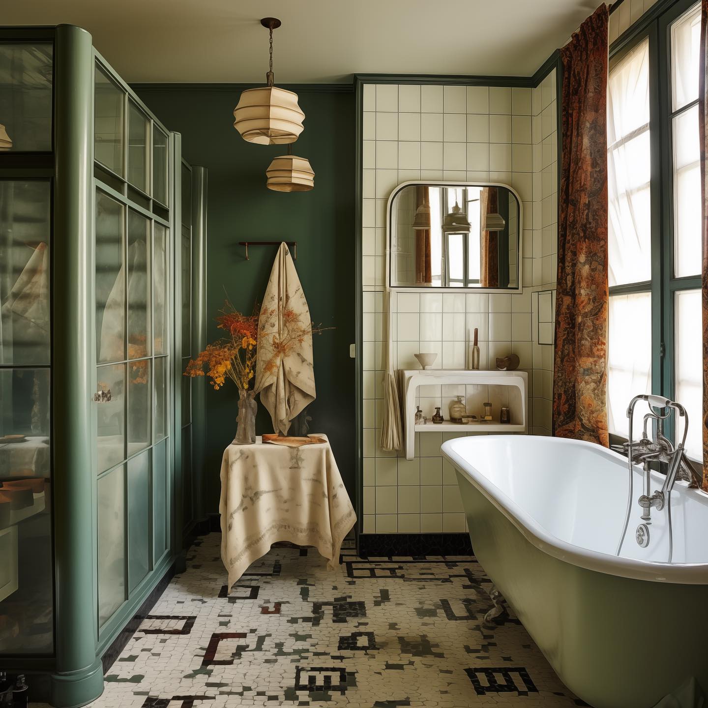 Moody Parisian style bathroom with clawfoot tub and green - ai design by @aude.jolijour. #aiinteriors #parisianbathrooms