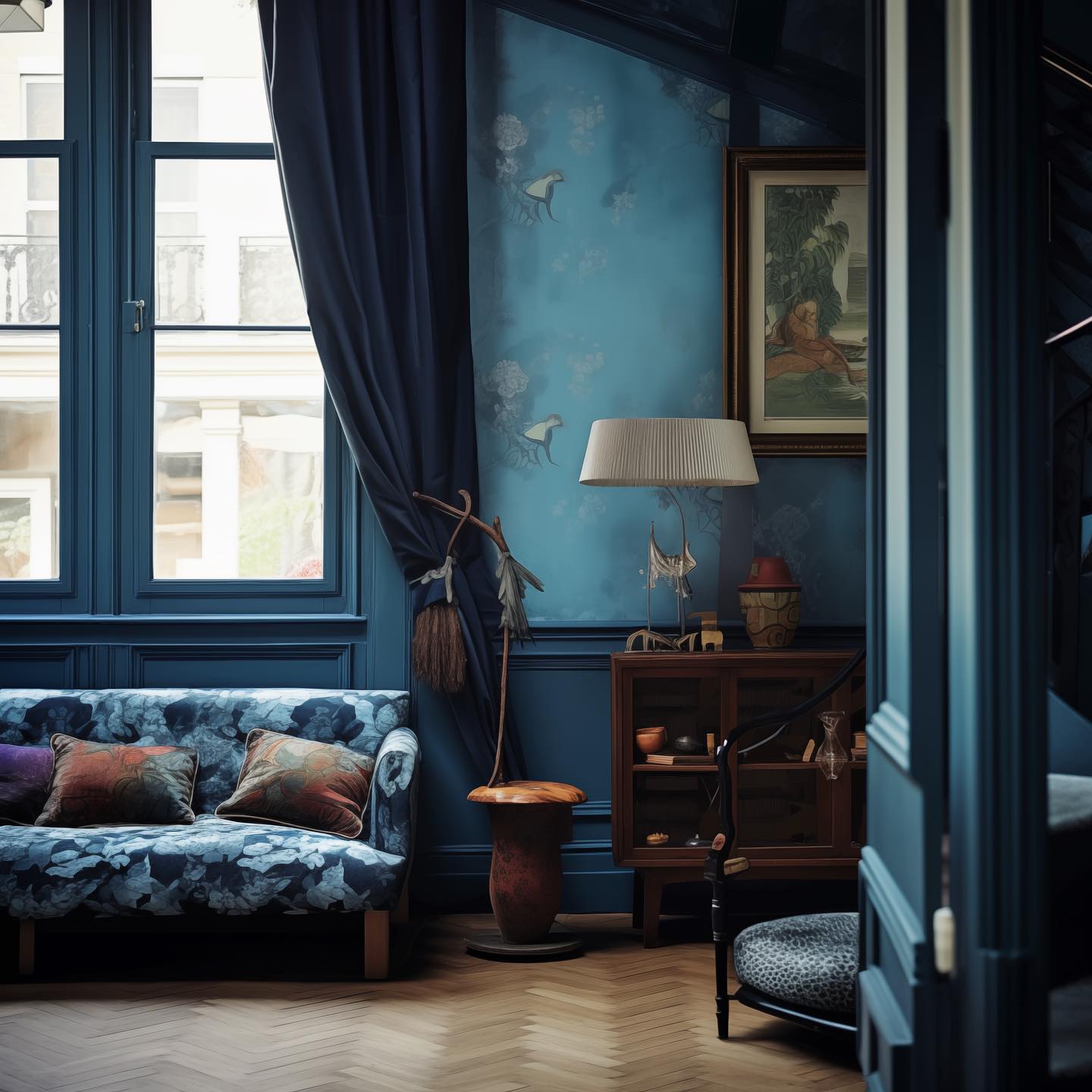 Moody teal European Parisian living room with AI design by @aude.jolijour. #aidesign #tealinterior #parisianstyle