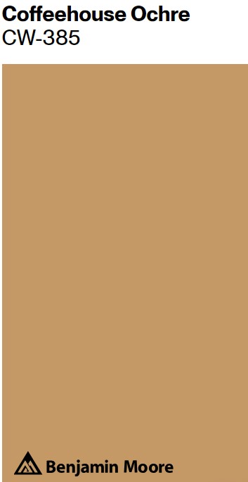 Benjamin Moore Coffeehouse Ochre paint color swatch. #coffeehouseochre #ochrepaintcolors