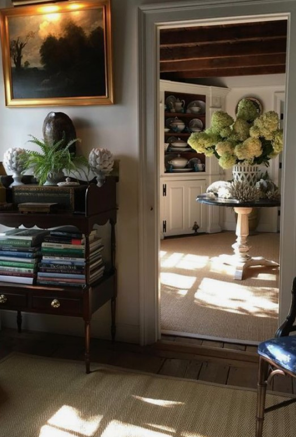 Elsa Billgren - European cottage style in a cozy vintage interior with hydrangea on table. #europeancottage #warmcozyinteriors #rusticelegance #europeancountry