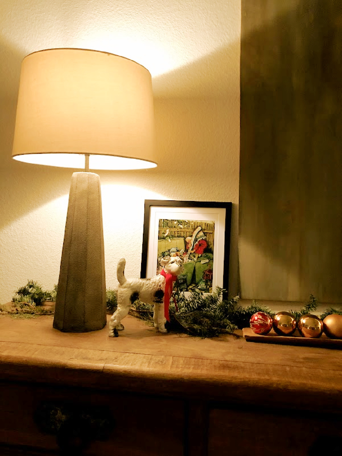 Hello Lovely rustic holiday decor on an old Belgian sideboard. #hellolovelychristmas