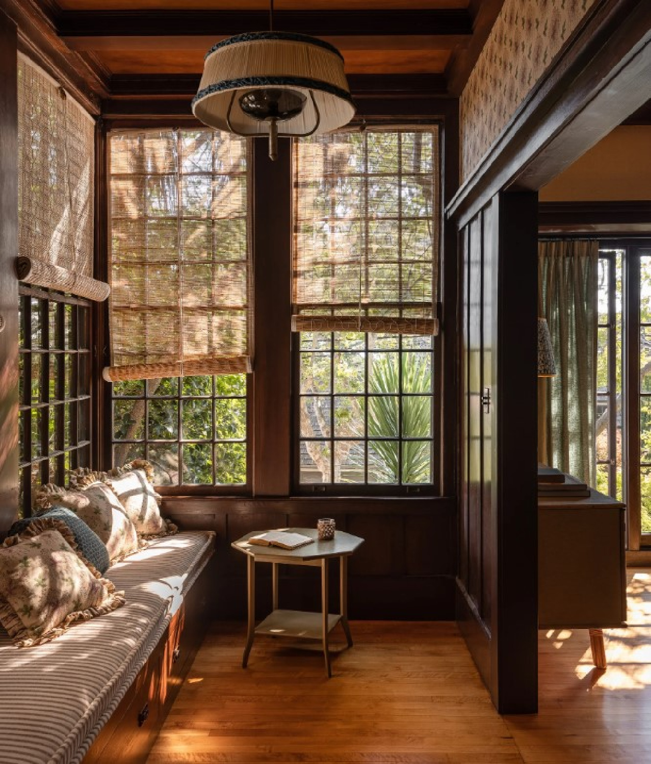 Heidi Callier designed sunny snug room with grand architecture, Chik shades and builtin window seats (photo Haris Kenjar).