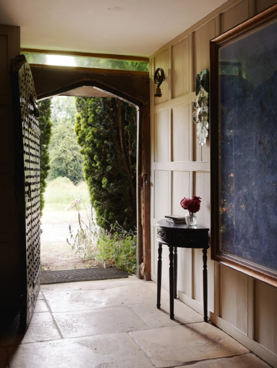 Entry painted Little Greene's Normandy Grey at Cotswold home of Renshaw and Sarah Hiscox in HouseandGardenUK (photo Paul Massey). #cotswoldcottage #englishcountrystyle