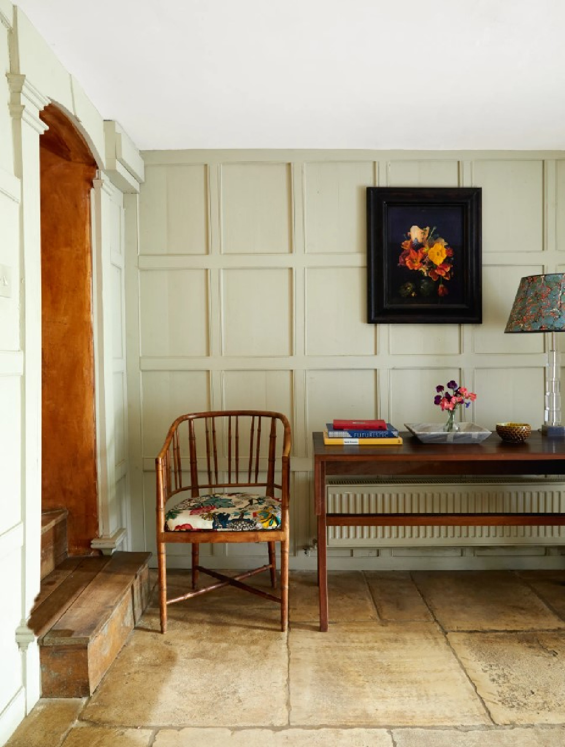 Paneled wall at Cotswold home of Renshaw and Sarah Hiscox in HouseandGardenUK (photo Paul Massey). #cotswoldcottage #englishcountrystyle