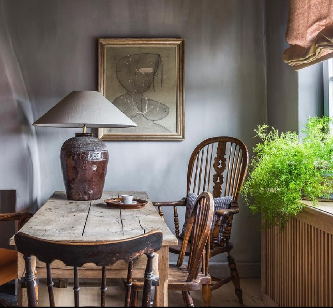 Odavaere - Belgian style elegant rustic interior with blue gray walls and antiques. #oldworldstyle #europeancountry #belgianstyle