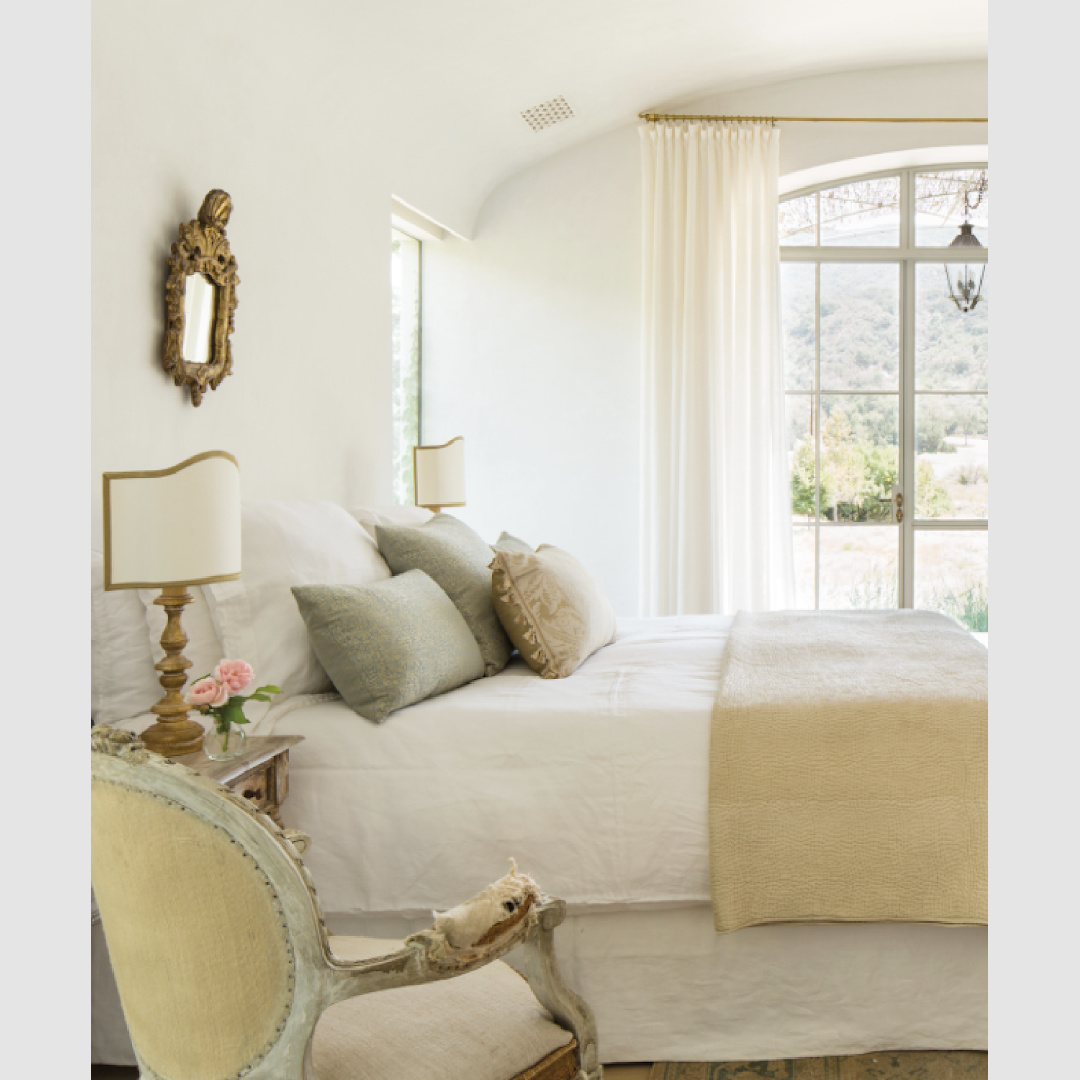 Patina Farm bedroom designed by Brooke Giannetti and Steve Giannetti with European country style, antiques, and quiet natural color story. #patinafarm #romanticbedrooms
