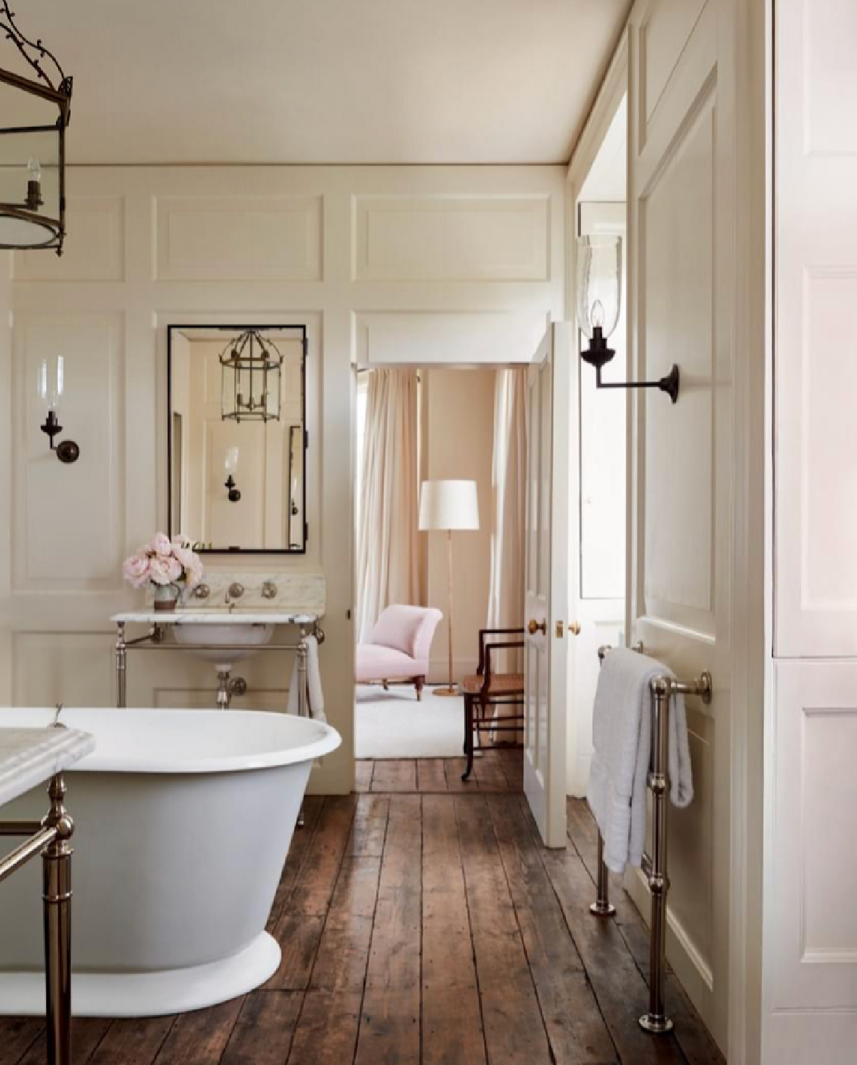 Timeless elegance in a classic bath with wood floors and design by Rose Uniacke. #timelessbathroom #roseuniacke #englishcountry #europeancountry