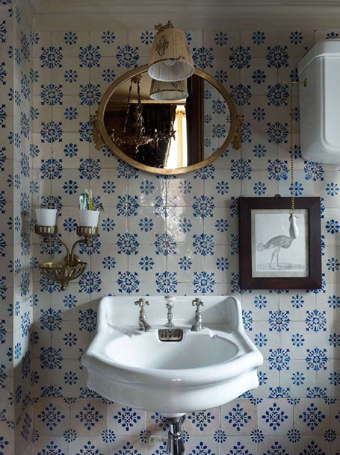 Studio Peregalli (photo: Luis Ridao) designed timeless bathroom with blue tiles and Old World style. #timelessbathroom #oldworldstyle #europeanelegance