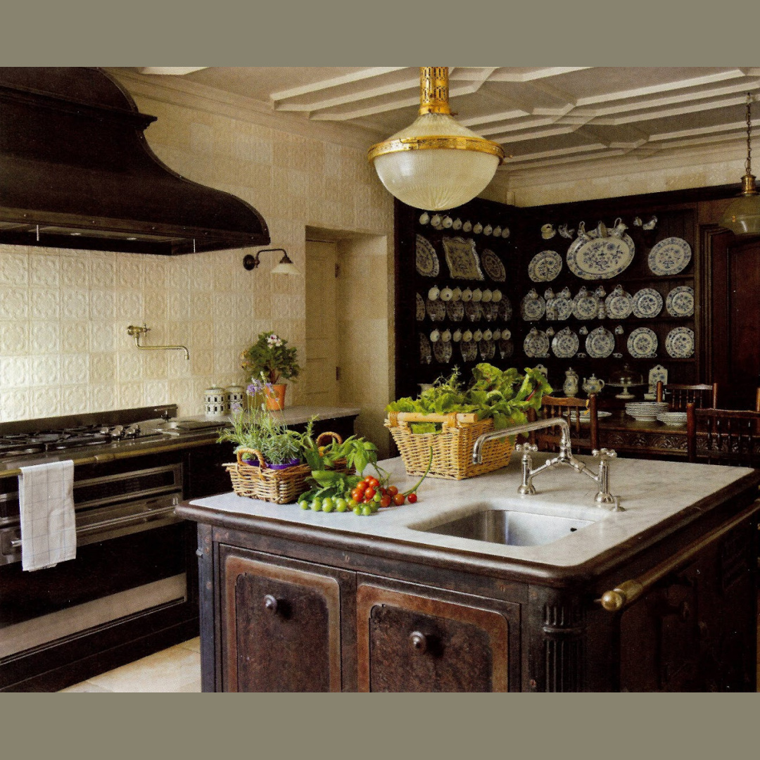 Studio Peregalli - Old World style kitchen with deep dark wood tones and elegant design featured in Attic Magazine. #oldworldstyle #timelesskitchens #europeancountry