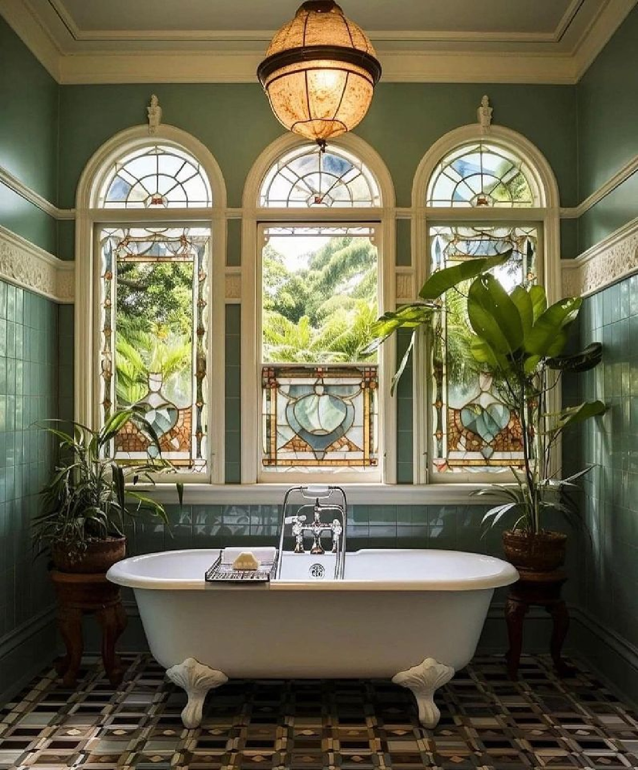 Victorian style bathroom with clawfoot tub and stained glass. AI Design via Whitney Hess (Just Decorate!). #aidesign #aiinteriordesign #aiarchitecture