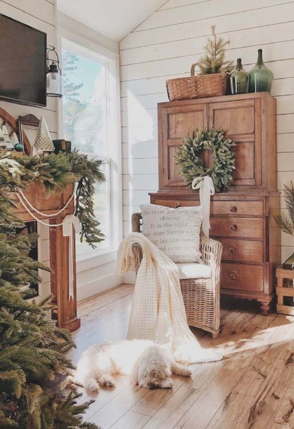 Farmhouse Christmas inspo - AI Design via Whitney Hess (Just Decorate!). #aidesign #aiinteriordesign #aiarchitecture #farmhousechristmas