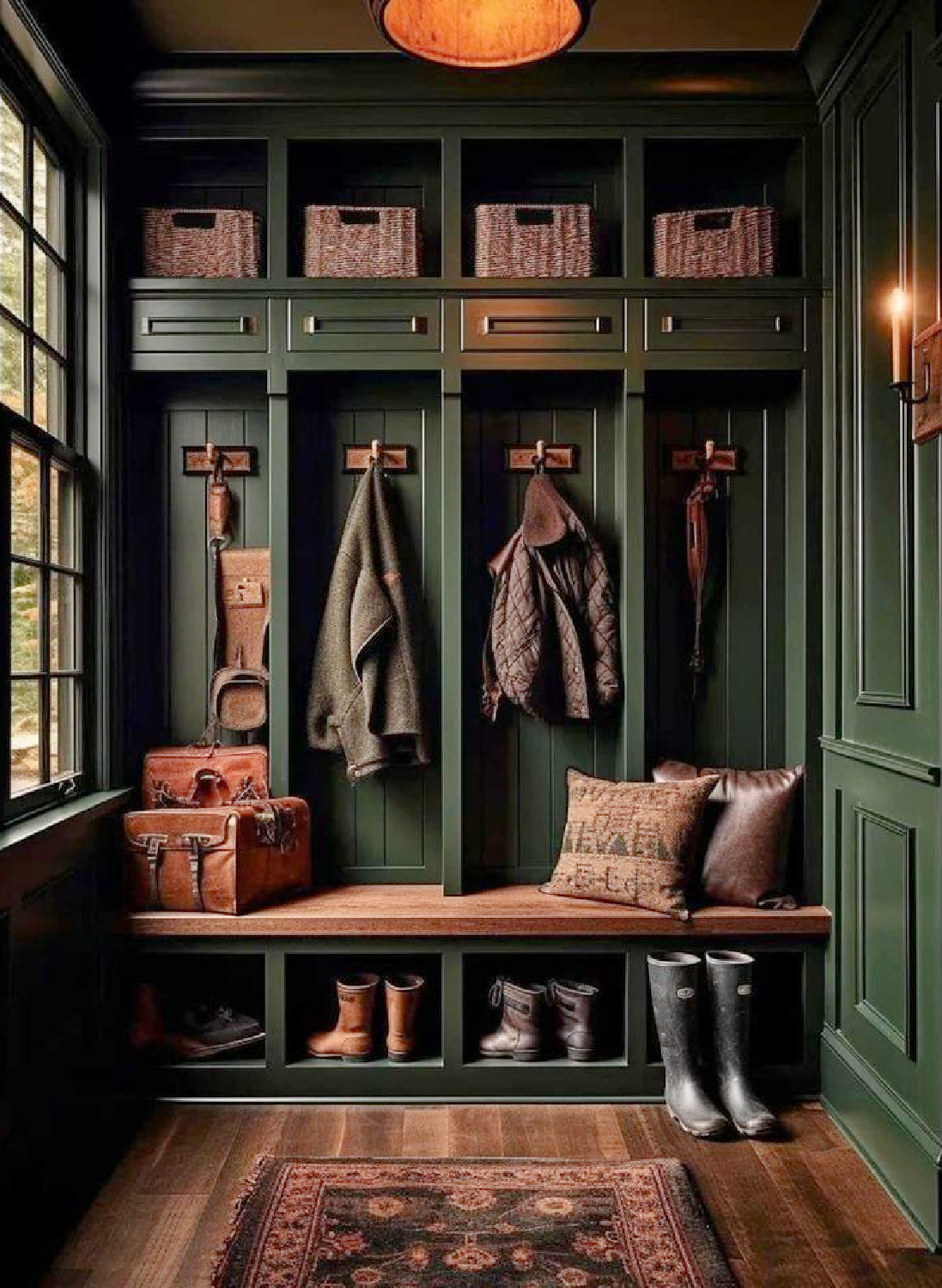Deep moody green mud room with built ins. AI Design via Whitney Hess (Just Decorate!). #aidesign #aiinteriordesign #aiarchitecture #mudrooms #bootrooms #moodygreen