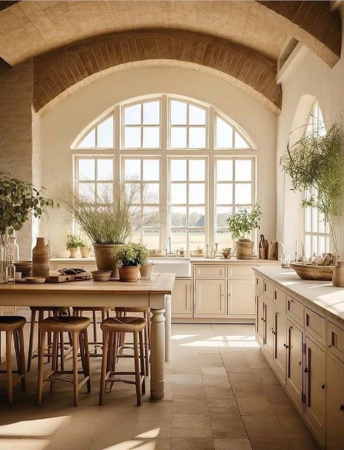 Magical English country kitchen with arches and Shaker cabinetry. AI Design via Whitney Hess (Just Decorate!). #aidesign #aiinteriordesign #aiarchitecture #aikitchen