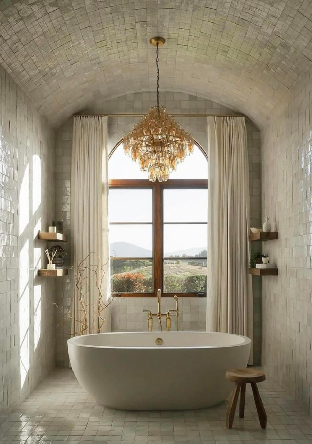 Luxurious fantasy bath with tiled walls & barrel ceiling. AI Design via Whitney Hess (Just Decorate!). #aidesign #aiinteriordesign #aiarchitecture #aibathroom
