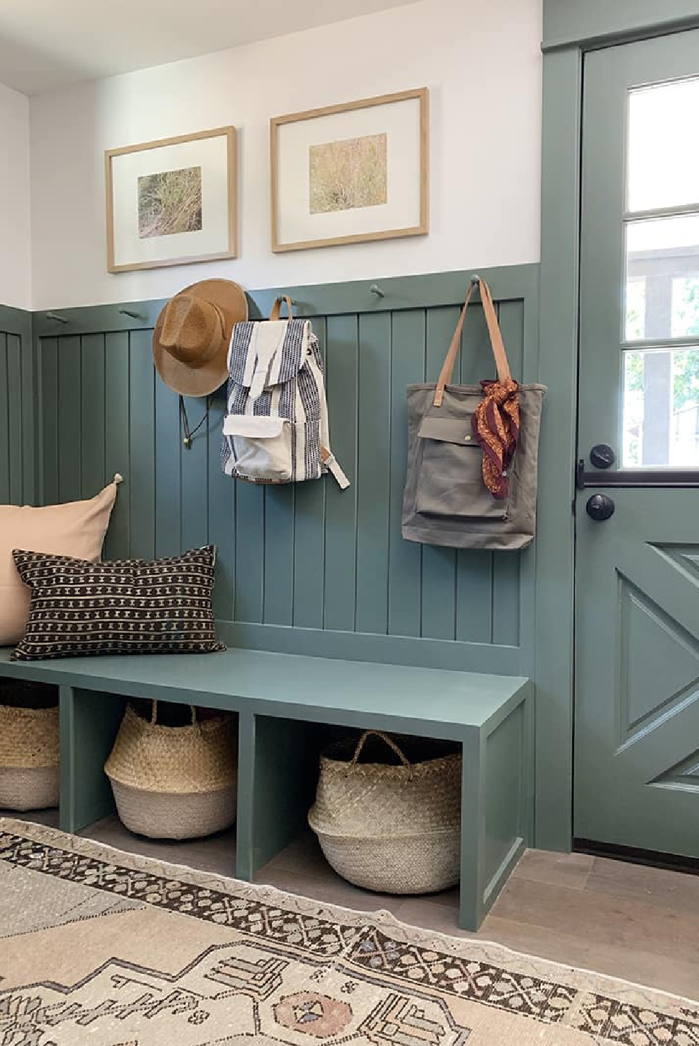 Rustic paneled sage green mud room with bench. AI Design via Whitney Hess (Just Decorate!). #aidesign #aiinteriordesign #aiarchitecture #mudroom