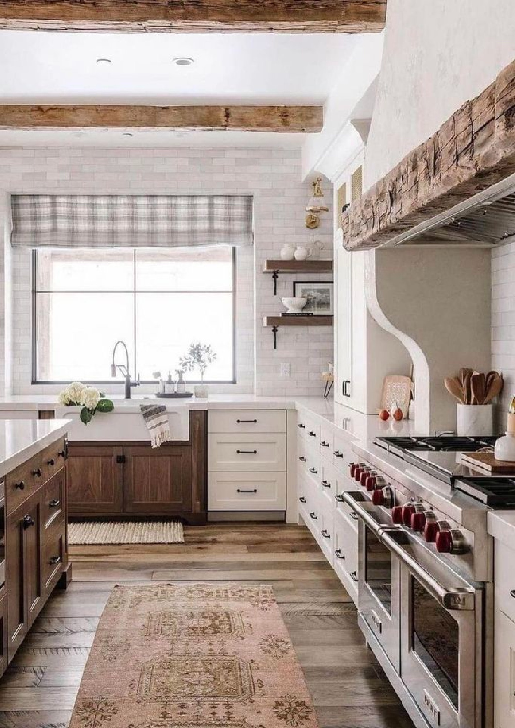 Beautiful rustic elegant kitchen with two tone cabinetry. AI Design via Whitney Hess (Just Decorate!). #aidesign #aiinteriordesign #aiarchitecture #aikitchen