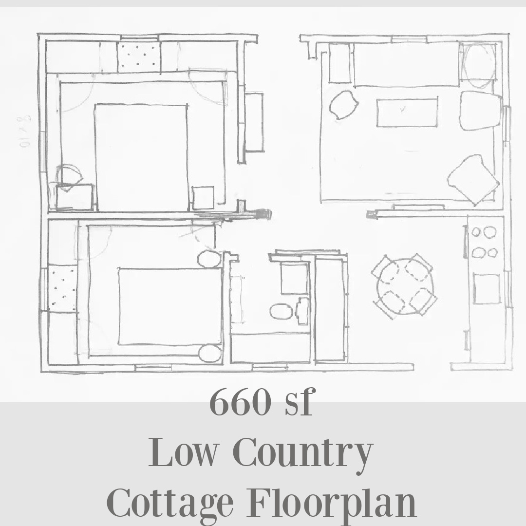 Floorplan of a small southern low country cottage with 660 sf and smart design choices - Southern Living.