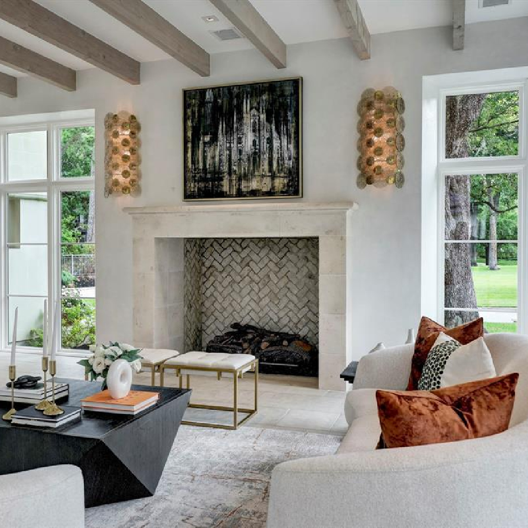French limestone fireplace. 2445 Pine Valley Ct., Houston - Jennifer Hamelet of Mirador Builders; European style and interiors with reclaimed materials from Chateau Domingue. #europeanmanor #oldworldstyle