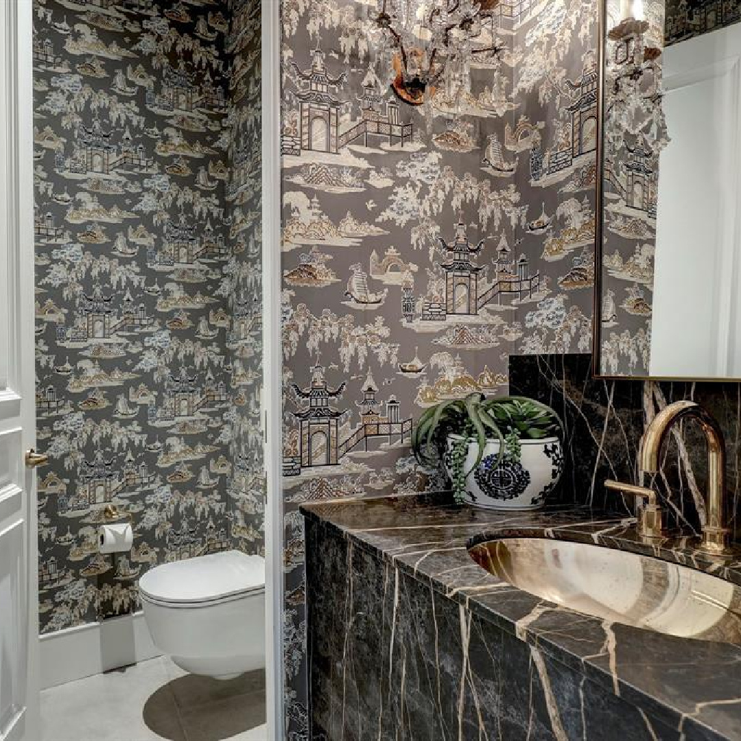 Chinoiserie wallpaper and dark marble vanity. 2445 Pine Valley Ct., Houston - Jennifer Hamelet of Mirador Builders; European style and interiors with reclaimed materials from Chateau Domingue. #europeanmanor #oldworldstyle