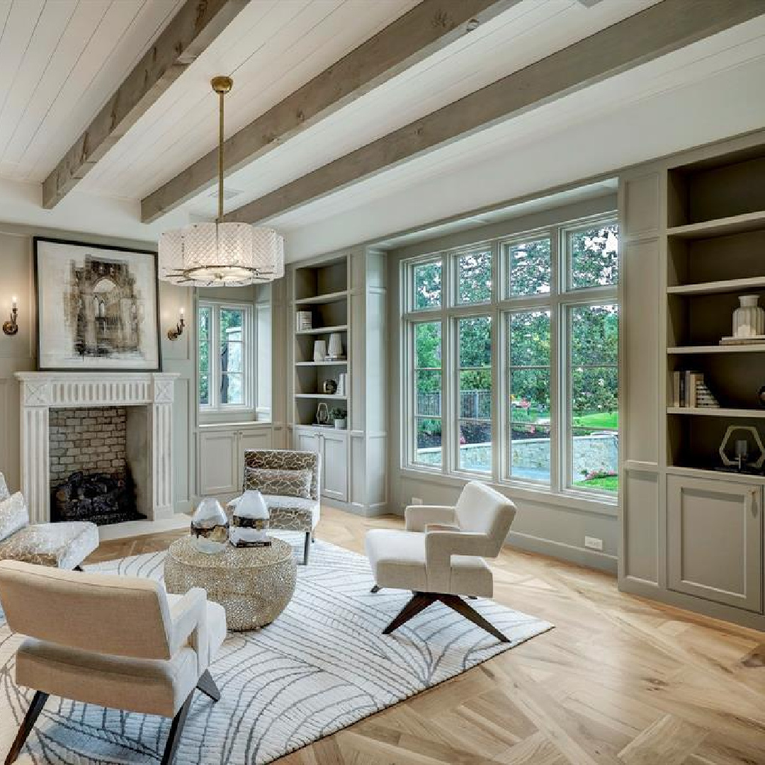 Builtin shelves and French fireplace. 2445 Pine Valley Ct., Houston - Jennifer Hamelet of Mirador Builders; European style and interiors with reclaimed materials from Chateau Domingue. #europeanmanor #oldworldstyle